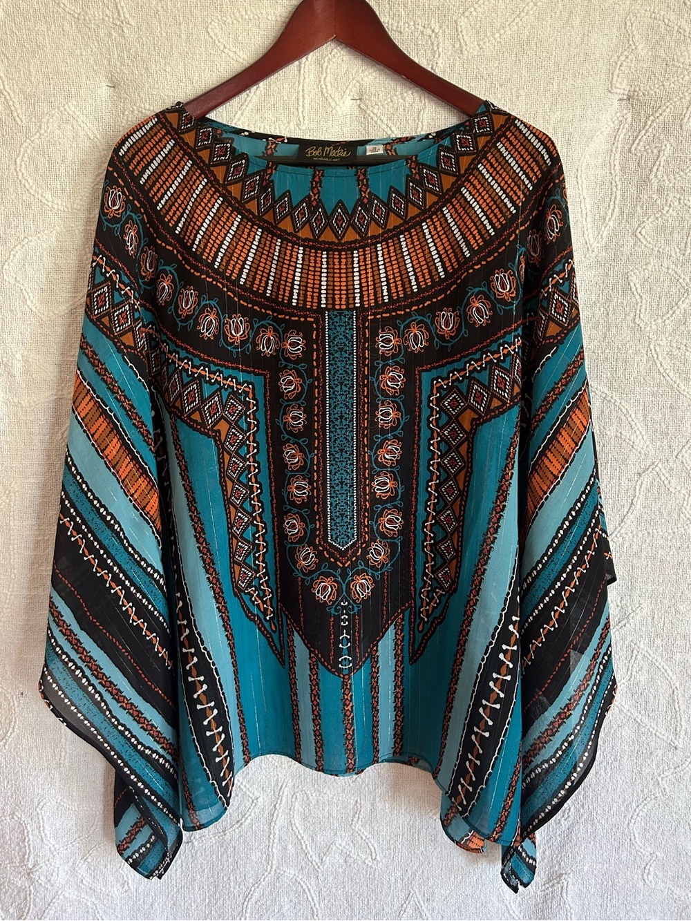 Bob Mackie Teal, Black & Orange Geometric Poncho Tunic
